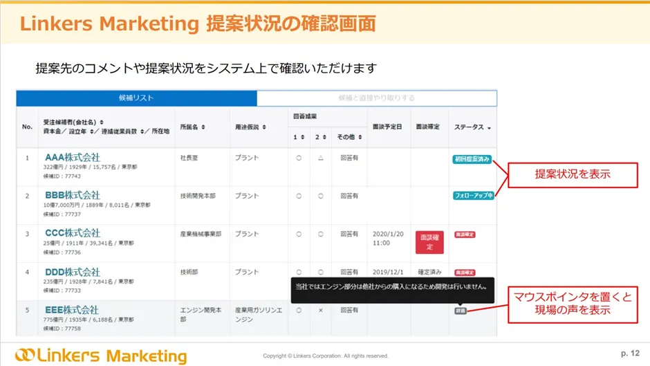 ※提案先のコメントや提案状況をシステム上でご確認いただけます